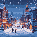 pixel art style, 1920x1080. a snowy city at night on christmas eve, with streets glowing from warm lights, holiday decorations on buildings, people walking with gifts. magical and peaceful atmosphere,