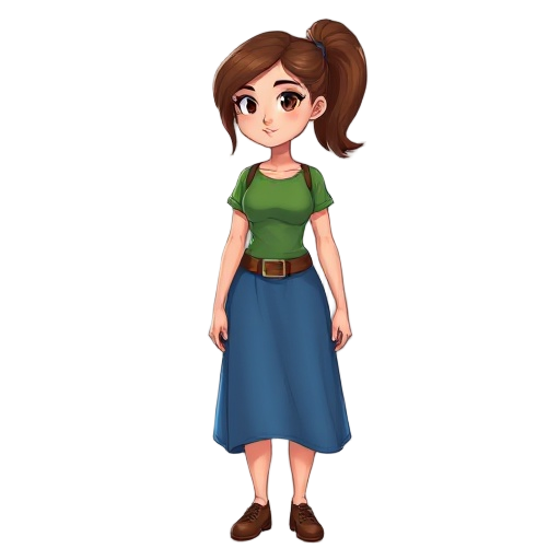 woman with brunette hair with a ponytail in the back, a green short-sleeved t-shirt with a leather belt, a blue dress as the bottom with brown shoes