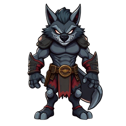 deve ser um homem lobo cinza robusto forte de presas e garras grandes ataca com socos chutes mordidas e jogos de corpo usando combinações destes ataques menos infantil deve ser sombrio com traços realistas 