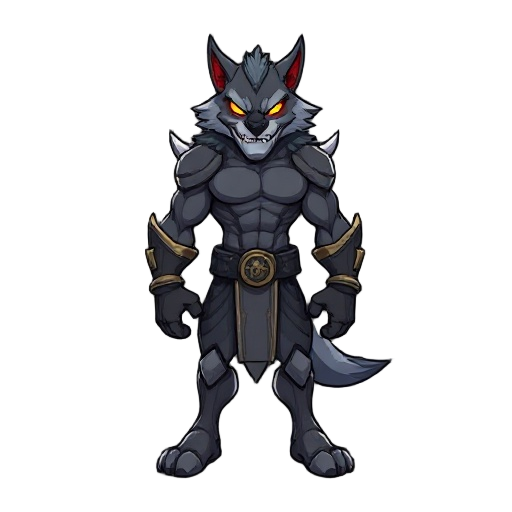 deve ser um homem lobo cinza robusto forte de presas e garras grandes ataca com socos chutes mordidas e jogos de corpo usando combinações destes ataques menos infantil deve ser sombrio