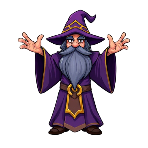 wizard with purple robes with gold accents