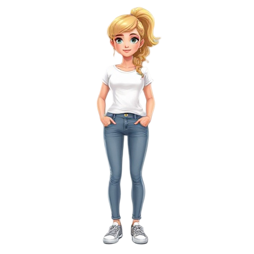 a realistic woman, wavy blode hair, ponytail, white t-shirt, slim fit jeans, sneaker