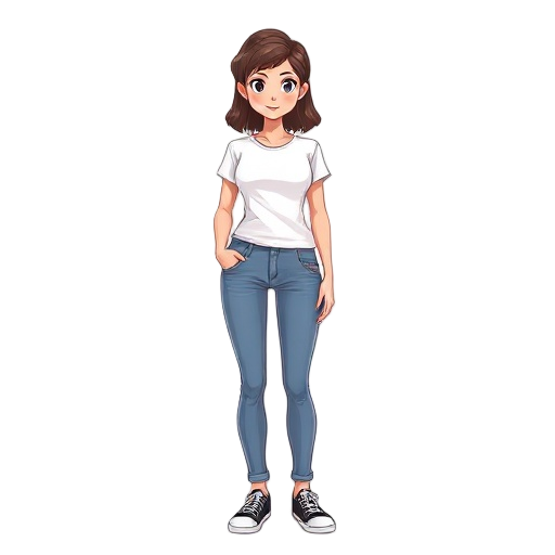 a woman, white t-shirt, slim fit jeans, sneaker
