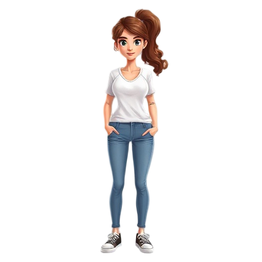 a realistic woman,wavy brown hair, ponytail, white shirt, slim fit jeans, sneaker