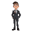 a man in his 30s with short brown hair, an average build, and a tired look. he wears a gray tuxedo, white shirt, black tie, and scuffed dress shoes.