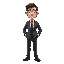 melvin is a man in his 30s with short brown hair and a tired look. he wears a gray tuxedo, white shirt, black tie, and worn dress shoes.