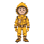 a man in a radiation suit with a papr hood. with the papr hood his face is still visible. should be cartoonish, short and wide. 