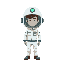 a radiation worker in a suite with a papr hood, you can see his face in the hood. sidescroller. he should be cartoonish, short and wide  