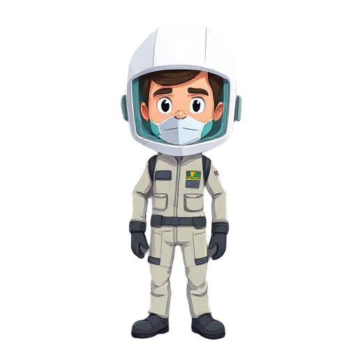 a radiation worker in a suite with a papr hood, you can see his face in the hood. sidescroller. he should be cartoonish, short and wide  