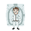 a radiation worker in a suite with a papr hood, you can see his face in the hood. sidescroller. he should be cartoonish, short and wide  