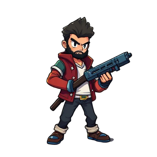 homem loiro, jaqueta vermelha, camisa branca, calça azul,  com uma arma, metroidvania.