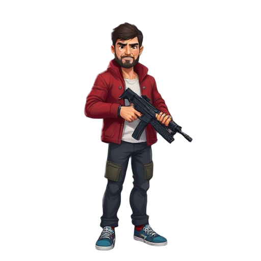 um homem loiro, de jaqueta vermelha, camisa branca, calça azul.  segurando uma arma.