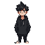 black messy flat hair adult male wearing black hoodie full body anime style
