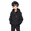black messy flat hair adult male wearing black hoodie full body anime style