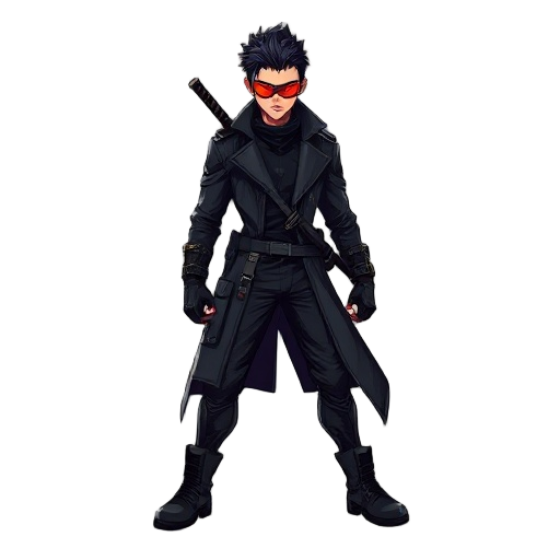 a futuristic cyberpunk male warrior wearing a long black leather trench coat, tactical combat pants, and boots. he has short, spiky dark hair and a glowing red visor covering his eyes, evoking a high-tech, stealthy look similar to a cyber ninja or futuris