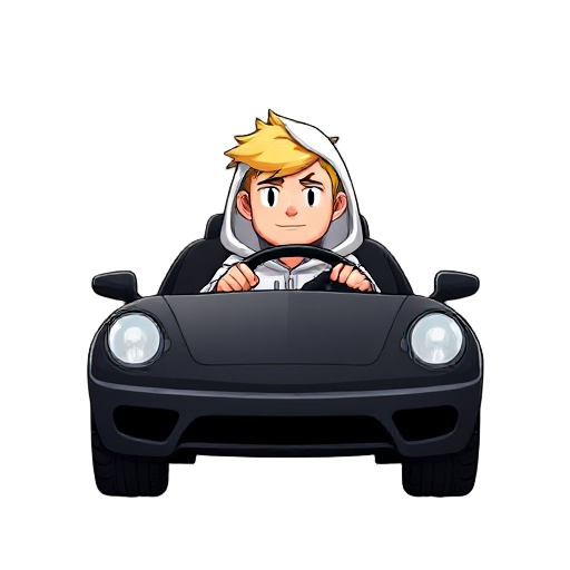 blonde guy with white hoodie driving in a black car 