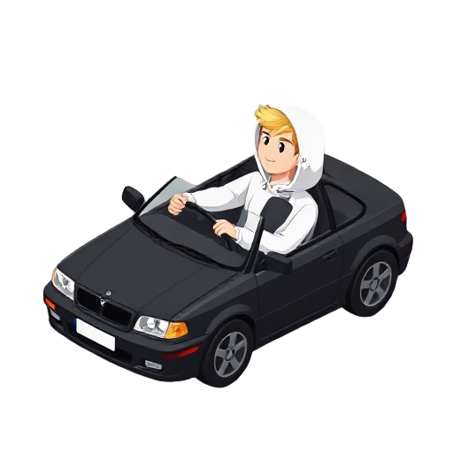 blonde guy with white hoodie driving in a black car, side view