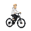 blonde guy with white hoodie and black pants and shoes on a black mountainbike