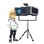 blonde guy with white hoodie and black pants and shoes standing next to an overhead projector