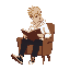 blonde guy with white hoodie and black pants and shoes reading a book, sitting on a chair