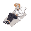 blonde guy with white hoodie and black pants and shoes lying in bed