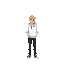 blonde guy with white hoodie and black pants and shoes standing inside a store