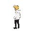 blonde guy with white hoodie and black pants and shoes standing inside a store looking at produce