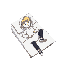 blonde guy with white hoodie and black pants and shoes lying in bed