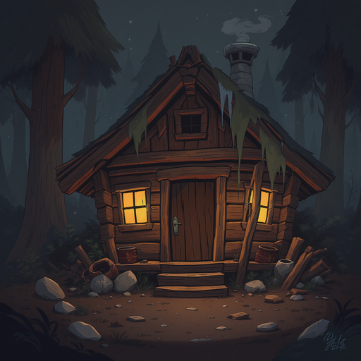 cabin in a forest, slightly falling a part, door frame but no door, window without light, dark ambient, rustic, wooden floor and walls, no furniture