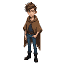 anime style guy in his twenties, skinny and thin but toned, brown long spikey hair, wearing blue jeans and a brown burlap poncho, blue eyes, wearing black dress boots, sad expression