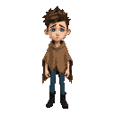 anime style boy in his twenties, skinny and thin but toned, brown medium long spikey hair, wearing blue jeans and a brown burlap poncho, blue eyes, wearing black dress boots, sad expression