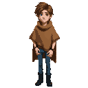 anime style boy in his twenties, skinny and thin but toned, brown medium long shaggy hair, wearing blue jeans and a brown burlap poncho, blue eyes, wearing black dress boots, sad expression