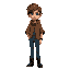 anime style boy in his twenties, skinny and thin but toned, brown medium length shaggy hair, wearing blue jeans and a brown burlap poncho, blue eyes, wearing black dress boots, sad expression