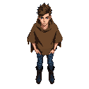 anime style, guy in his 20s, thin but toned, wearing a brown burlap poncho over, blue jeans, black dress boots, sad expression, spikey medium length hair, blue eyes, piercing blue eyes
