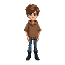 anime style boy in his twenties, skinny and thin but toned, brown medium length shaggy hair, wearing blue jeans and a brown burlap poncho, blue eyes, wearing black dress boots, sad expression