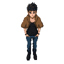 anime style, guy in his 20s, skinny but toned, wearing a brown burlap poncho, blue jeans, black tank top, black dress boots, sad expression, spikey medium length hair, blue eyes, piercing blue eyes