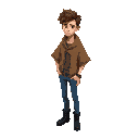 anime style guy in his twenties, skinny and thin but toned, brown medium long spikey hair, wearing blue jeans and a brown burlap poncho, blue eyes, wearing black dress boots, sad expression