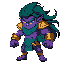 muscular purple humanoid with flowing dark green hair, golden shoulder armor, teal scarf, gold gloves and belt, intense blue eyes, and a fierce battle stance.
