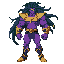 star platinum is a tall, muscular humanoid stand with a fierce and heroic presence. his skin is a vibrant purple, and he has long, dark green hair that flows backward like a mane. he wears a golden