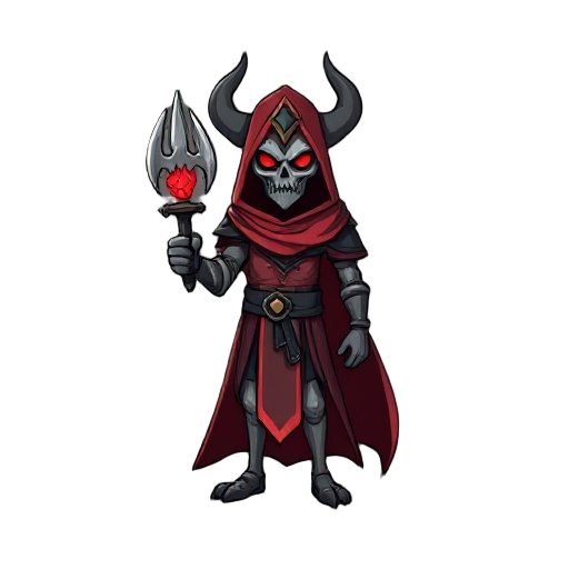  guardião do cemitério e senhor das almas. tem o poder de invocar os mortos para lutar ao seu lado. esqueleto, roupa vitoriana, preta e vermelha, estilo funco