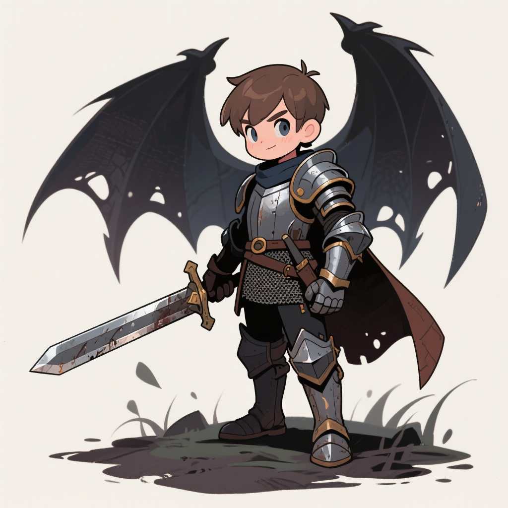 make a young knight with a cheap sword and armor, with a darkfantasy style
