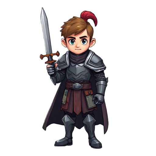 make a young knight with a cheap sword and armor, with a darkfantasy style