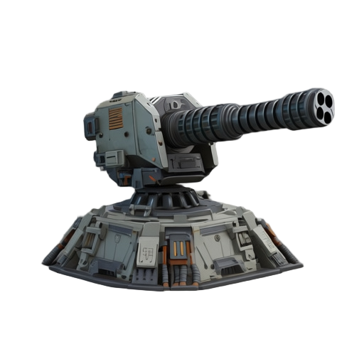 heavy futuristic artillery turret mounted on an industrial armored base, hard-surface sci-fi design. long precision cannon with segmented barrel and advanced muzzle brake, reinforced mechanical housing with vents, panels, and side modules. robust structur