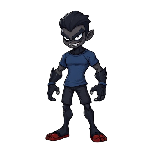 crie um homen cabelo preto e curto, calça marrom e camiseta azul, tem poderes das sombras com simbiose igual ao venom e um braço biônico 