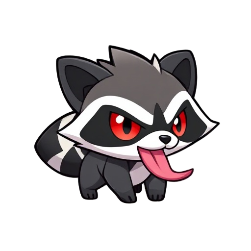 pokémon sprite a tiny, restless raccoon-like creature, black and white fur, red eyes surrounded by a black spiked pattern, and a long pink tongue.  