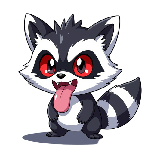 pokémon sprite a tiny, restless raccoon-like creature, black and white fur, red eyes surrounded by a black spiked pattern, and a long pink tongue.  