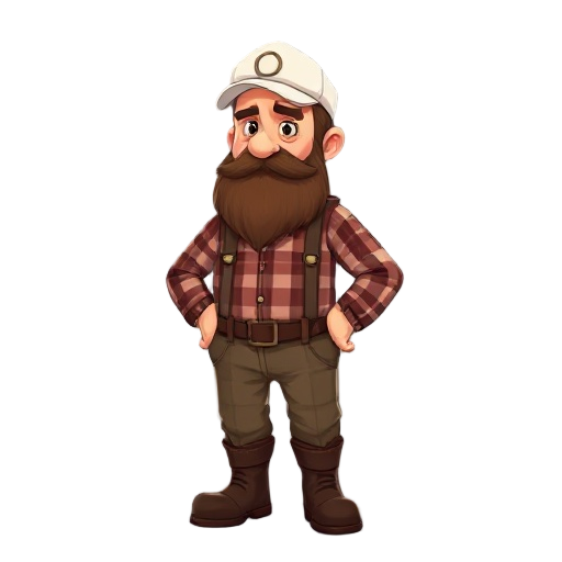 a serious man, a farmer wearing plaid clothes with a white cap, large brown beard, dark brown boots, holding nothing