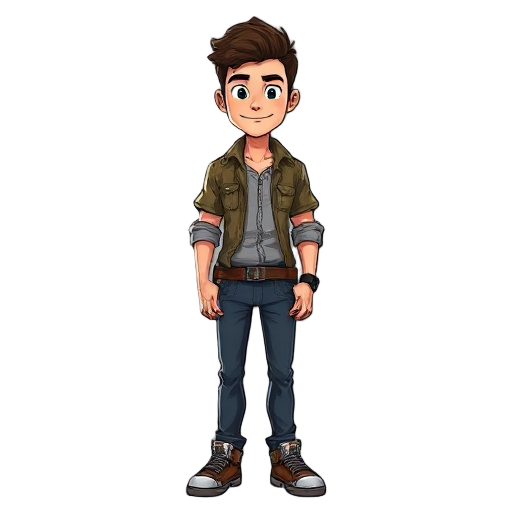 homem jovem com cabelo cacheado curto e bagunçado, estilo aventureiro, usando camisa casual para fora da calça e cinto por baixo, calça jeans escura, botas gastas. aparência confiante e ousada, estilo nathan drake misturado com jack sparrow e tony stark. 