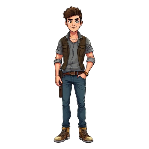homem jovem com cabelo cacheado curto e bagunçado, estilo aventureiro, usando camisa casual para fora da calça e cinto por baixo, calça jeans escura, botas gastas. aparência confiante e ousada, estilo nathan drake misturado com jack sparrow e tony stark.