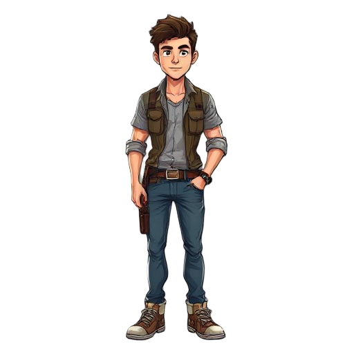 homem jovem com cabelo cacheado curto e bagunçado, estilo aventureiro, usando camisa casual para fora da calça e cinto por baixo, calça jeans escura, botas gastas. aparência confiante e ousada, estilo nathan drake misturado com jack sparrow e tony stark. 